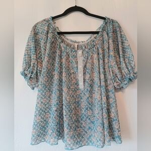 Free People Light Blue Floral Peasant Blouse Sm-Lrg